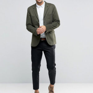 Skinny Blazer in Washed Cotton in Khaki - Image 3
